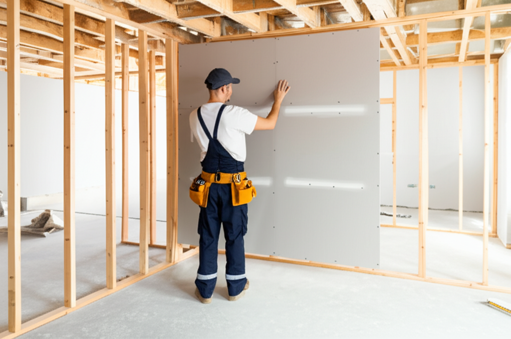 Professional installing new drywall