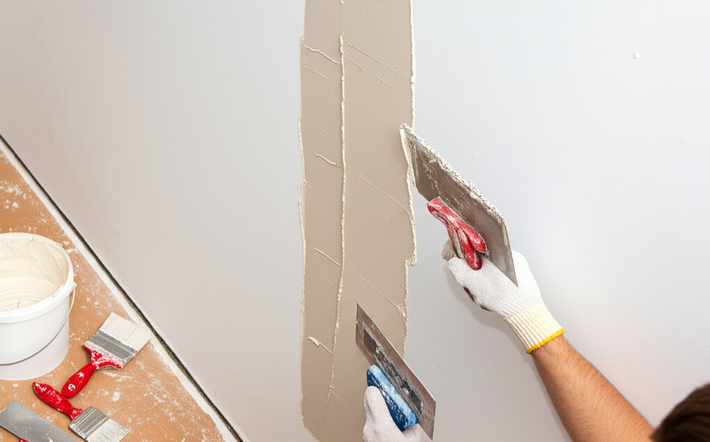 Worker repairing damaged drywall